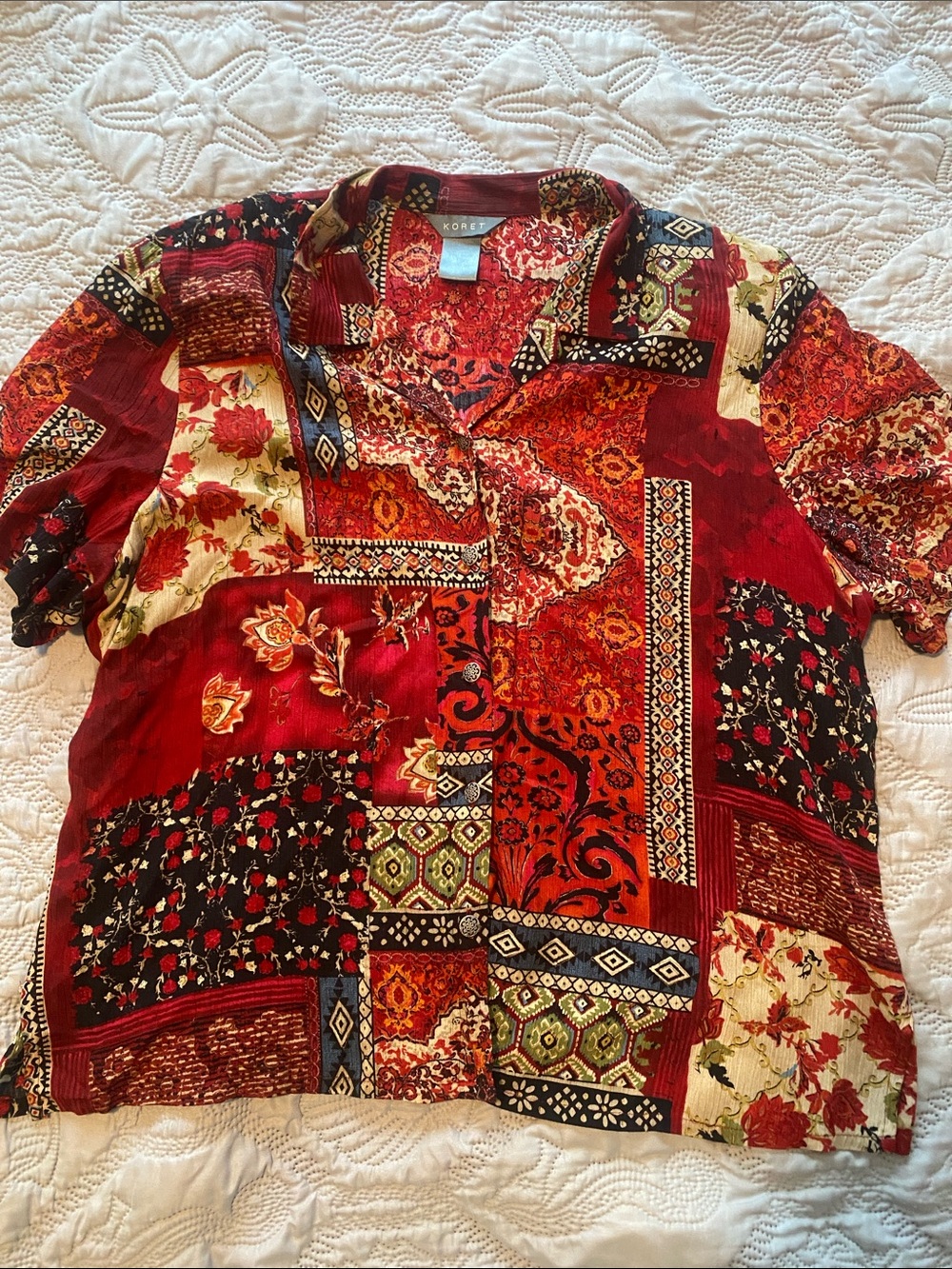 Koret Red and Black Patchwork Short-Sleeve Blouse